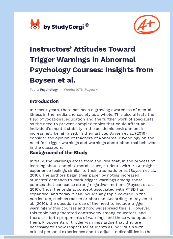 Instructors’ Attitudes Toward Trigger Warnings in Abnormal Psychology Courses: Insights from Boysen et al.. Page 1