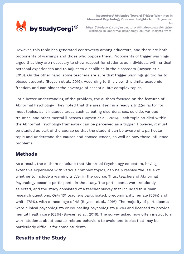 Instructors’ Attitudes Toward Trigger Warnings in Abnormal Psychology Courses: Insights from Boysen et al.. Page 2