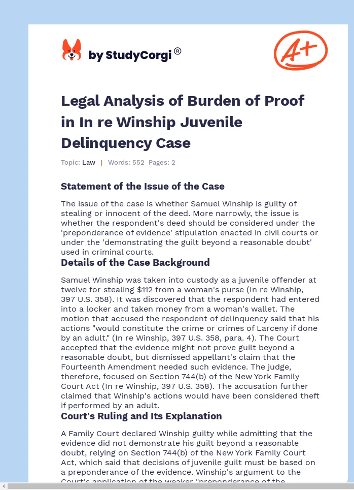 Legal Analysis of Burden of Proof in In re Winship Juvenile Delinquency Case. Page 1