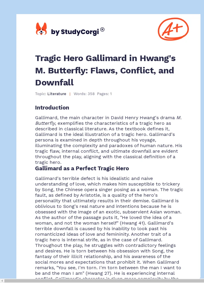 Tragic Hero Gallimard in Hwang's M. Butterfly: Flaws, Conflict, and Downfall. Page 1