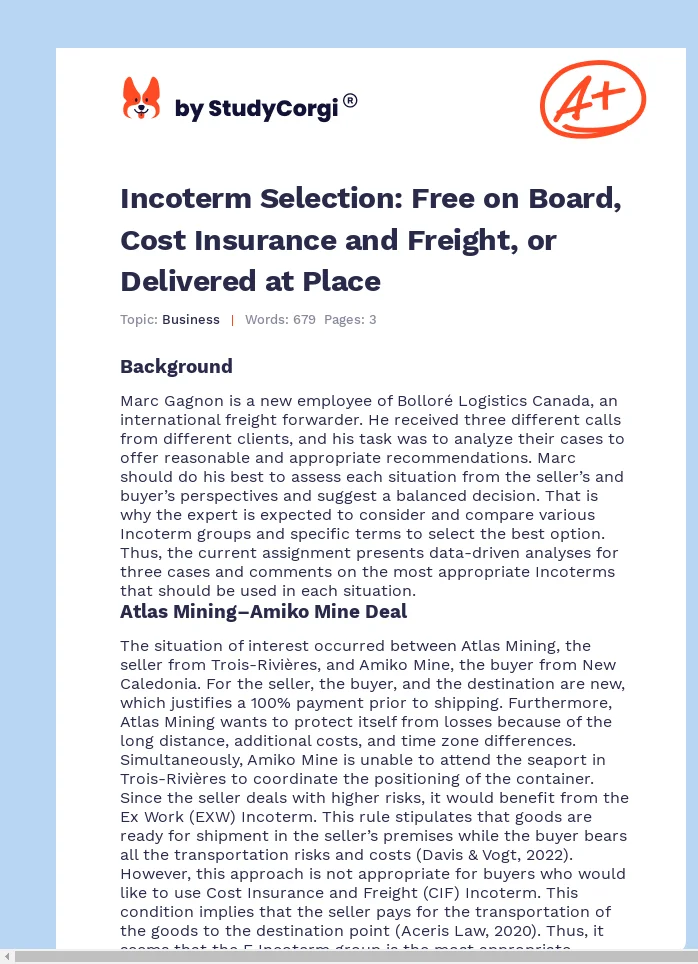 Incoterm Selection: Free on Board, Cost Insurance and Freight, or Delivered at Place. Page 1