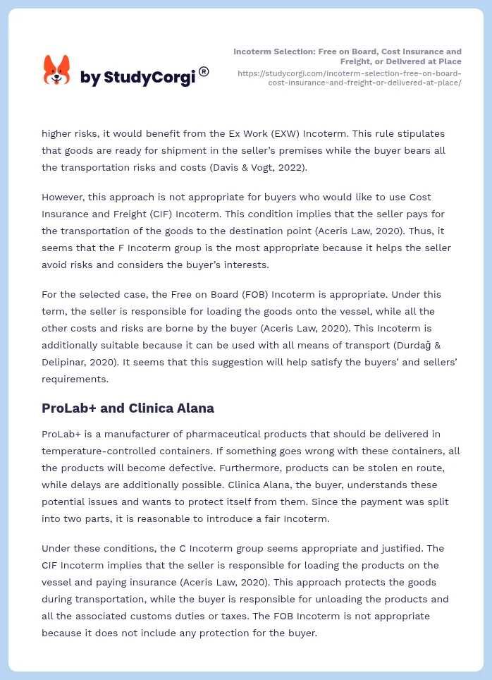 Incoterm Selection: Free on Board, Cost Insurance and Freight, or Delivered at Place. Page 2