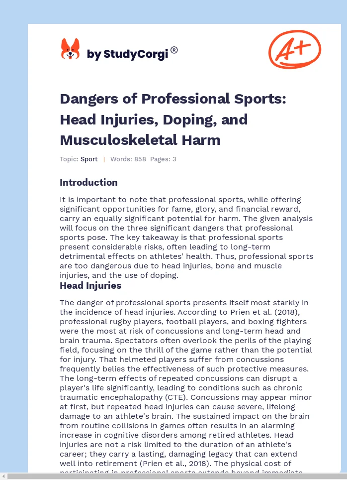 Dangers of Professional Sports: Head Injuries, Doping, and Musculoskeletal Harm. Page 1