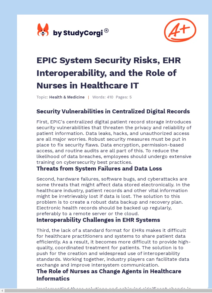 EPIC System Security Risks, EHR Interoperability, and the Role of Nurses in Healthcare IT. Page 1