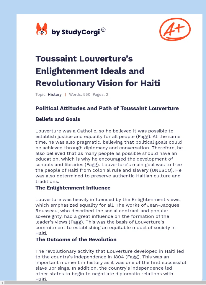 Toussaint Louverture’s Enlightenment Ideals and Revolutionary Vision for Haiti. Page 1