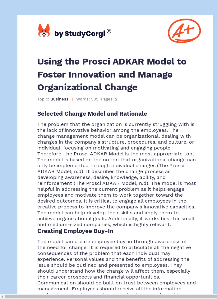 Using the Prosci ADKAR Model to Foster Innovation and Manage Organizational Change. Page 1