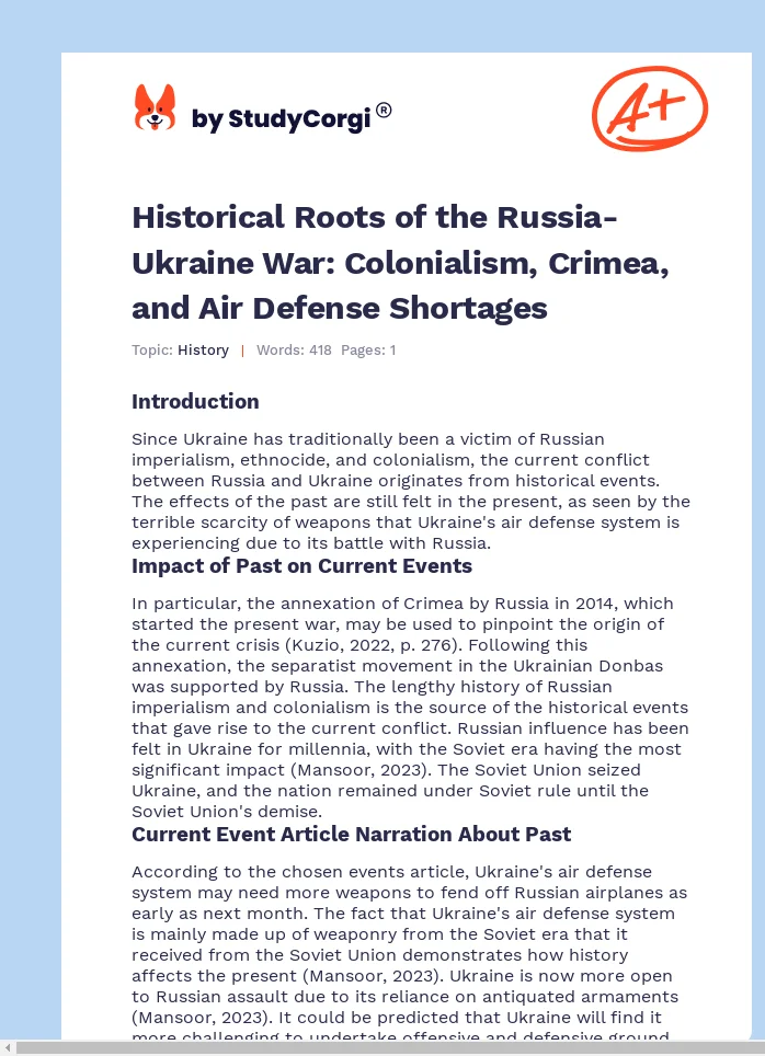 Historical Roots of the Russia-Ukraine War: Colonialism, Crimea, and Air Defense Shortages. Page 1