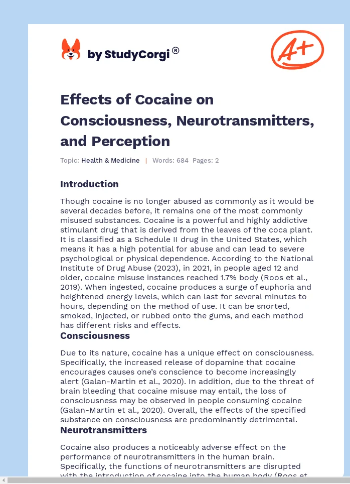 Effects of Cocaine on Consciousness, Neurotransmitters, and Perception. Page 1