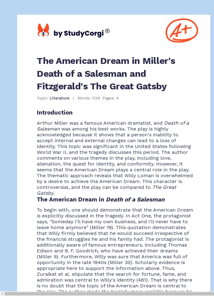 The American Dream in Miller's Death of a Salesman and Fitzgerald's The Great Gatsby. Page 1