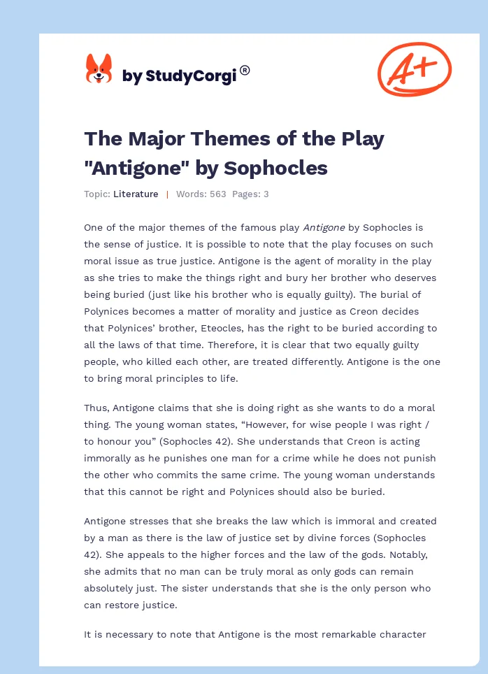 The Major Themes of the Play "Antigone" by Sophocles. Page 1