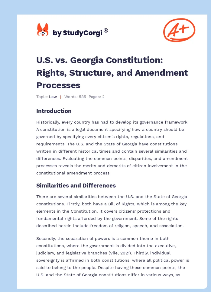 U.S. vs. Georgia Constitution: Rights, Structure, and Amendment Processes. Page 1