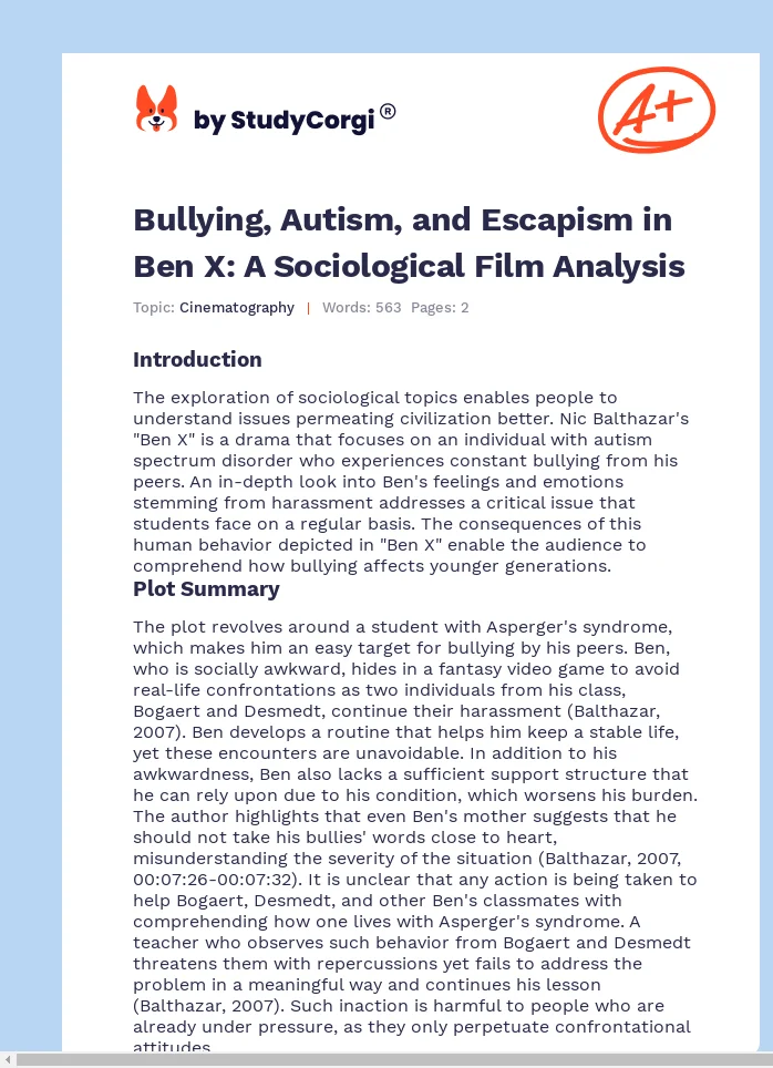Bullying, Autism, and Escapism in Ben X: A Sociological Film Analysis. Page 1
