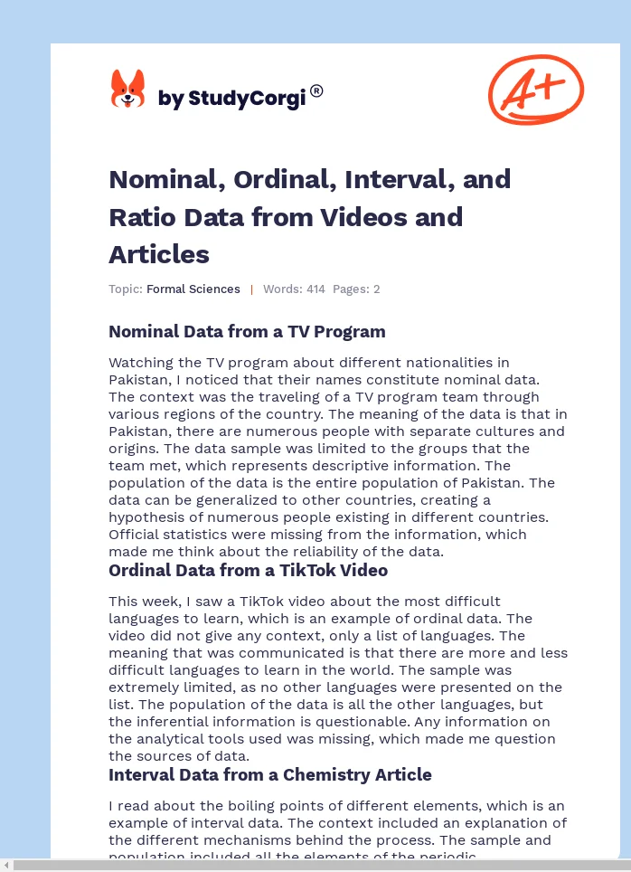 Nominal, Ordinal, Interval, and Ratio Data from Videos and Articles. Page 1