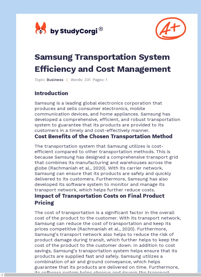 Samsung Transportation System Efficiency and Cost Management. Page 1