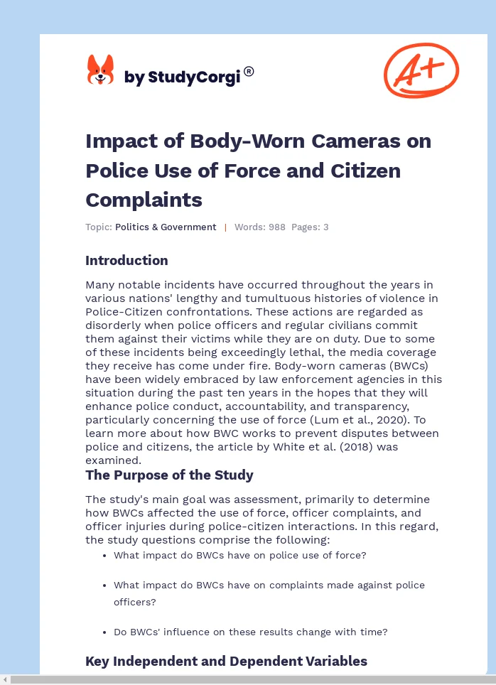 Impact of Body-Worn Cameras on Police Use of Force and Citizen Complaints. Page 1