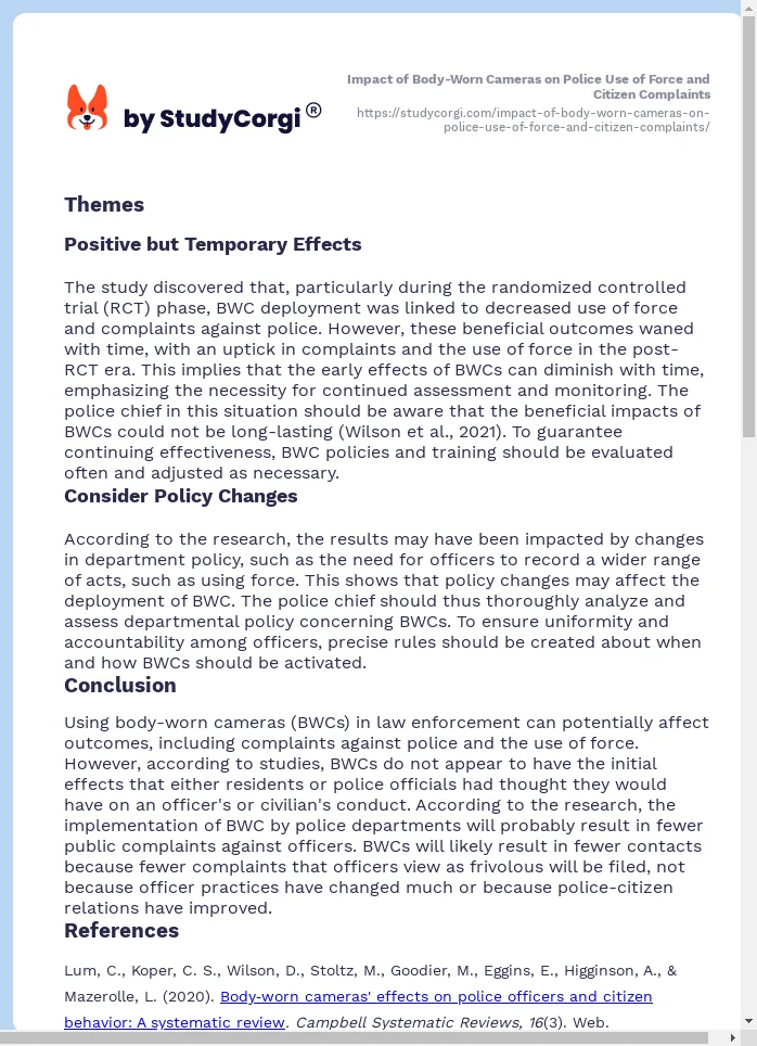 Impact of Body-Worn Cameras on Police Use of Force and Citizen Complaints. Page 2