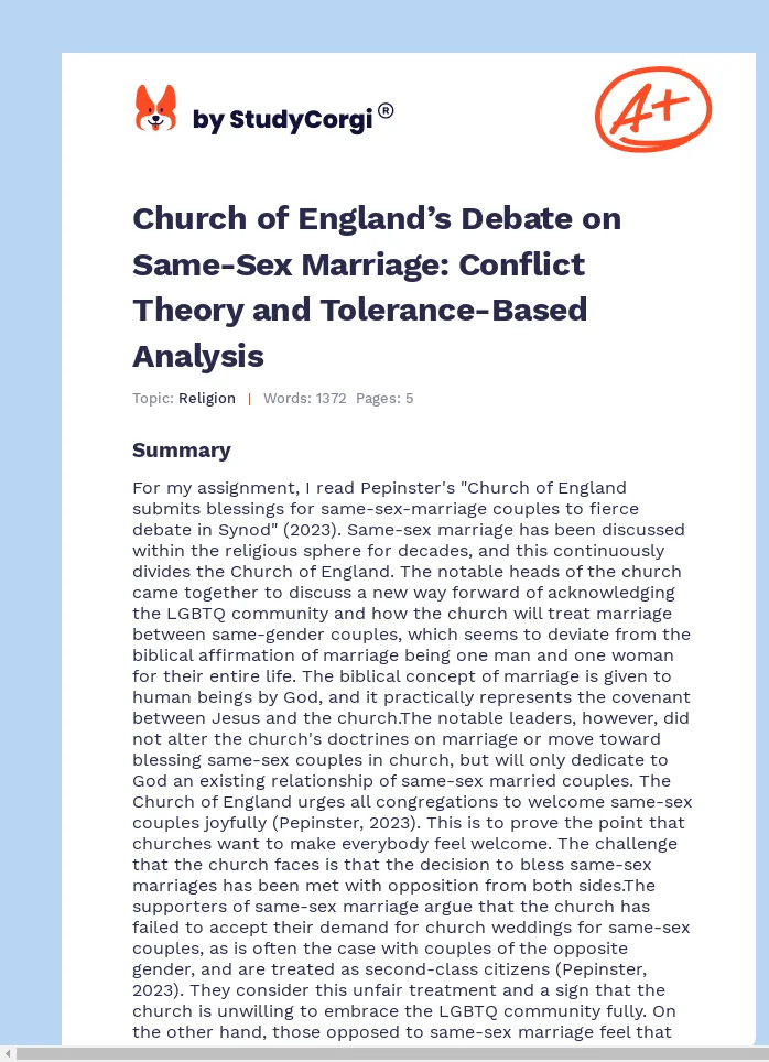 Church of England’s Debate on Same-Sex Marriage: Conflict Theory and Tolerance-Based Analysis. Page 1