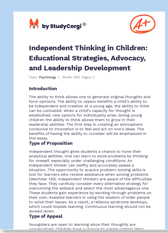 Independent Thinking in Children: Educational Strategies, Advocacy, and Leadership Development. Page 1