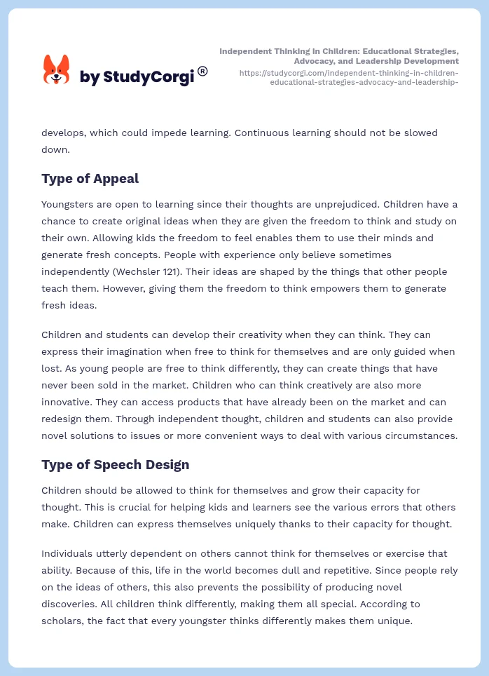 Independent Thinking in Children: Educational Strategies, Advocacy, and Leadership Development. Page 2