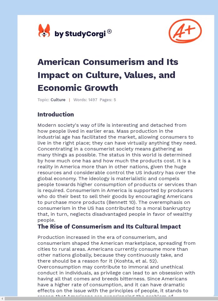 American Consumerism and Its Impact on Culture, Values, and Economic Growth. Page 1