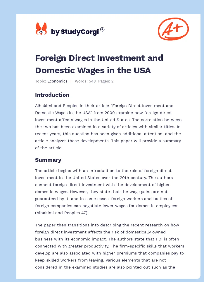 Foreign Direct Investment and Domestic Wages in the USA. Page 1