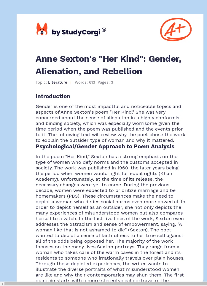 Anne Sexton's "Her Kind": Gender, Alienation, and Rebellion. Page 1