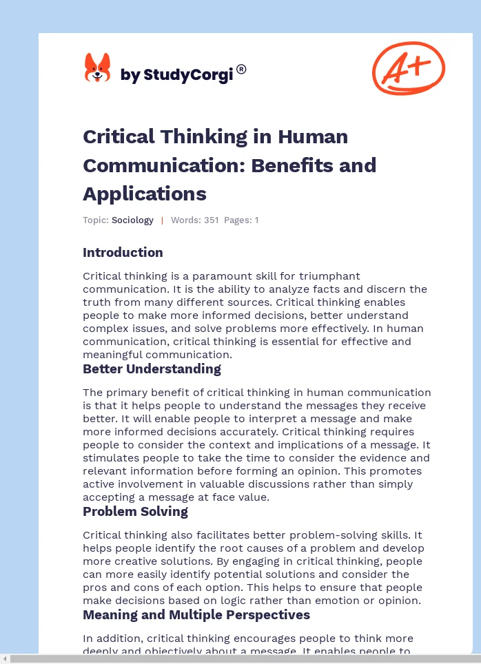 Critical Thinking in Human Communication: Benefits and Applications. Page 1