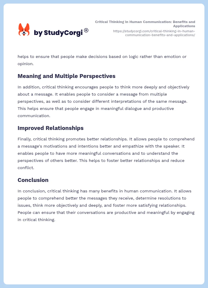 Critical Thinking in Human Communication: Benefits and Applications. Page 2