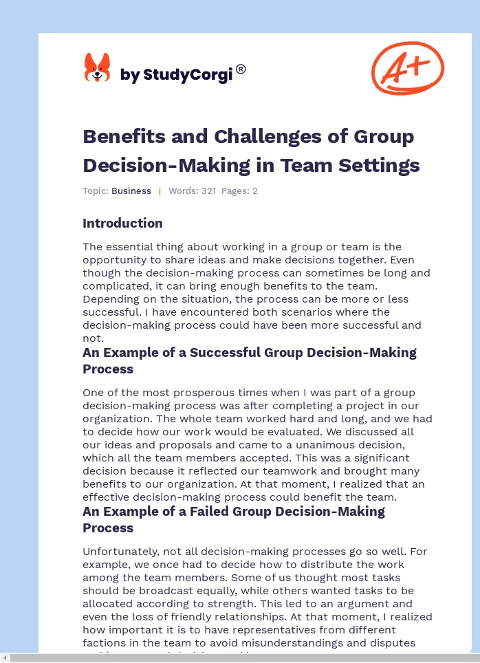 Benefits and Challenges of Group Decision-Making in Team Settings. Page 1