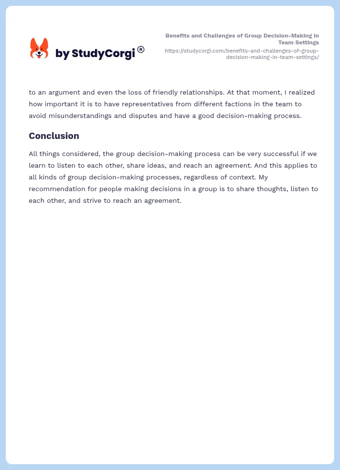 Benefits and Challenges of Group Decision-Making in Team Settings. Page 2