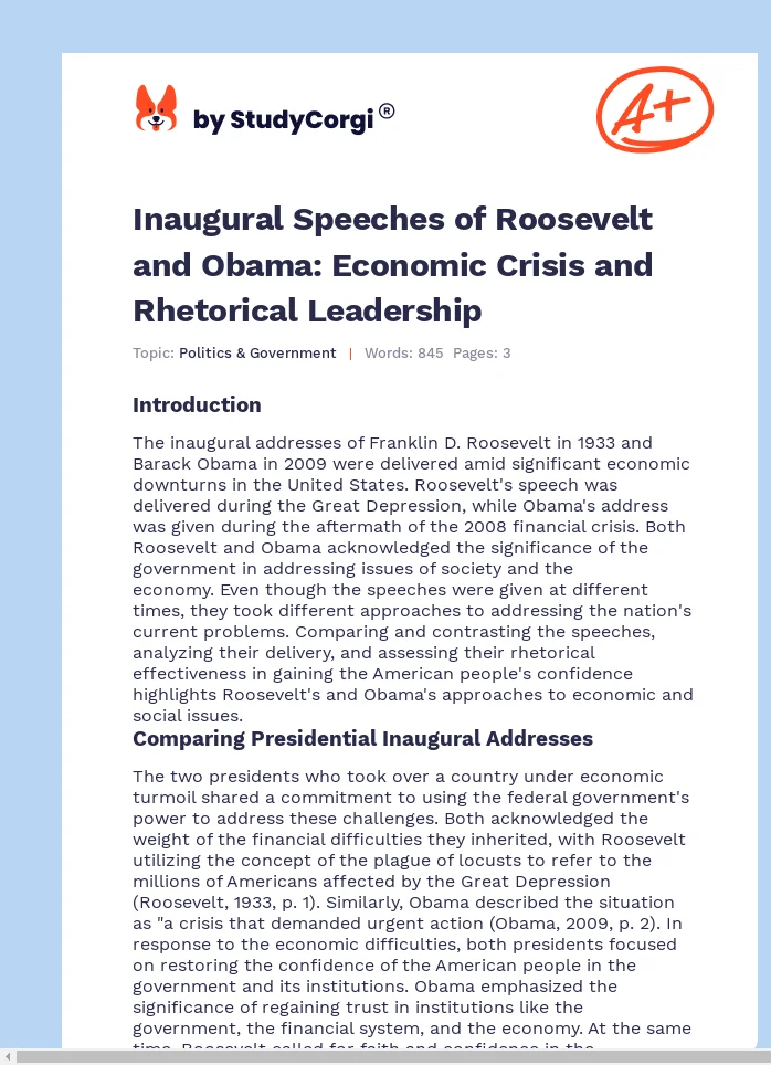 Inaugural Speeches of Roosevelt and Obama: Economic Crisis and Rhetorical Leadership. Page 1