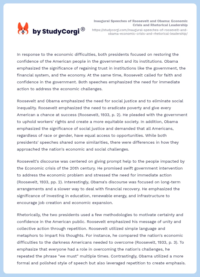 Inaugural Speeches of Roosevelt and Obama: Economic Crisis and Rhetorical Leadership. Page 2