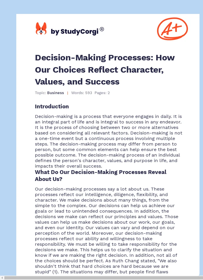 Decision-Making Processes: How Our Choices Reflect Character, Values, and Success. Page 1