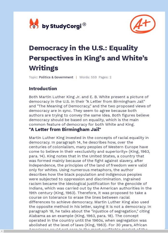 Democracy in the U.S.: Equality Perspectives in King’s and White’s Writings. Page 1