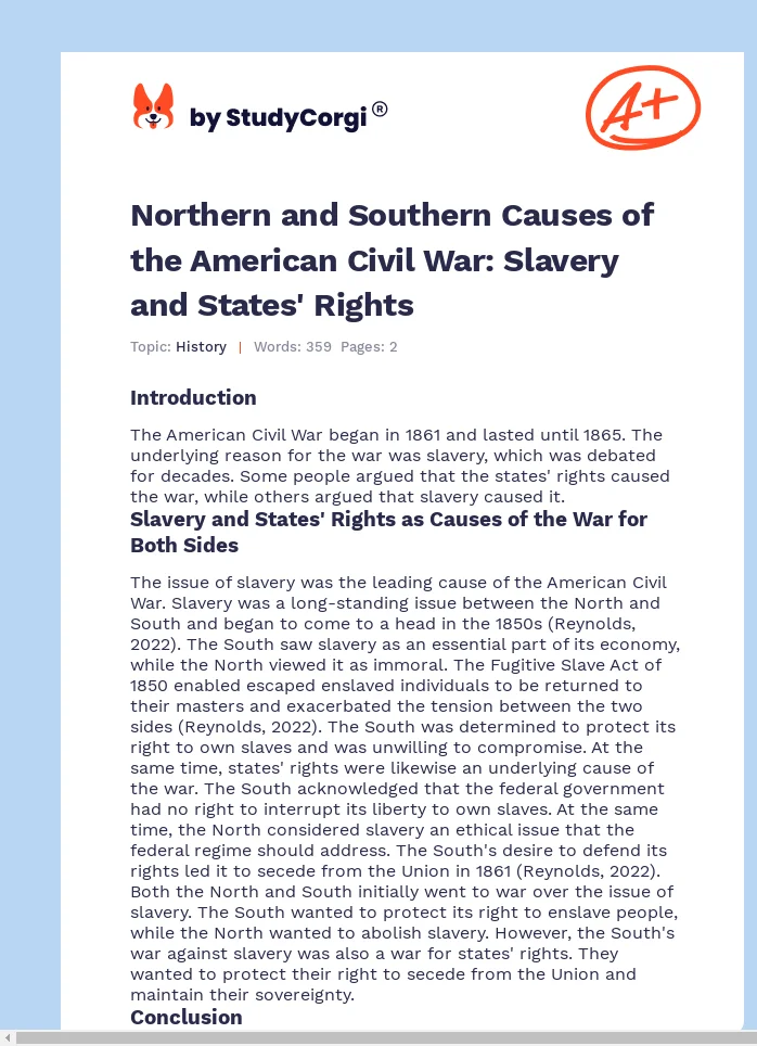 Northern and Southern Causes of the American Civil War: Slavery and States' Rights. Page 1