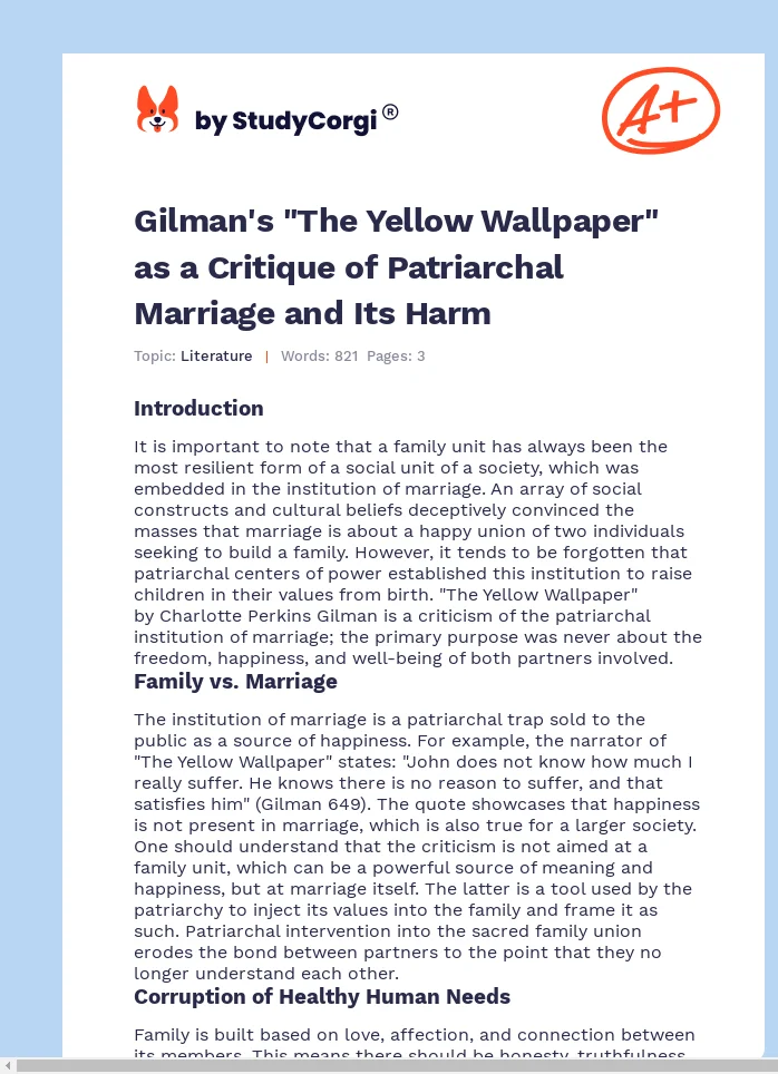 Gilman's "The Yellow Wallpaper" as a Critique of Patriarchal Marriage and Its Harm. Page 1