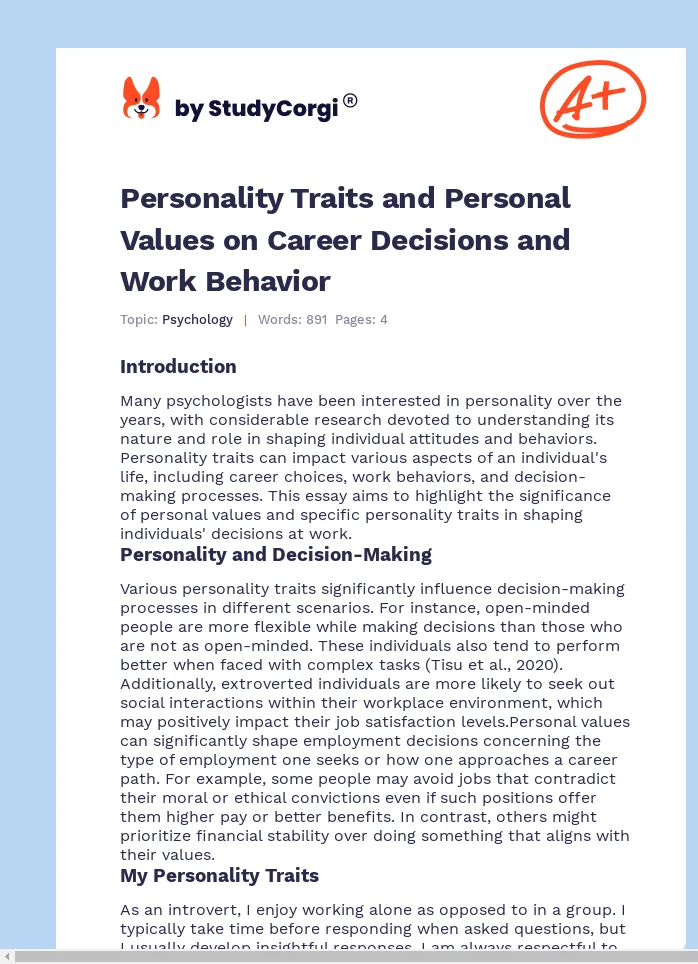 Personality Traits and Personal Values on Career Decisions and Work Behavior. Page 1