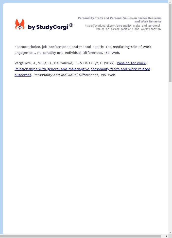 Personality Traits and Personal Values on Career Decisions and Work Behavior. Page 2