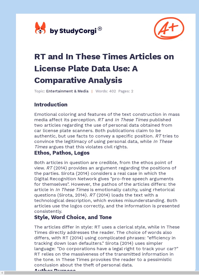 RT and In These Times Articles on License Plate Data Use: A Comparative Analysis. Page 1