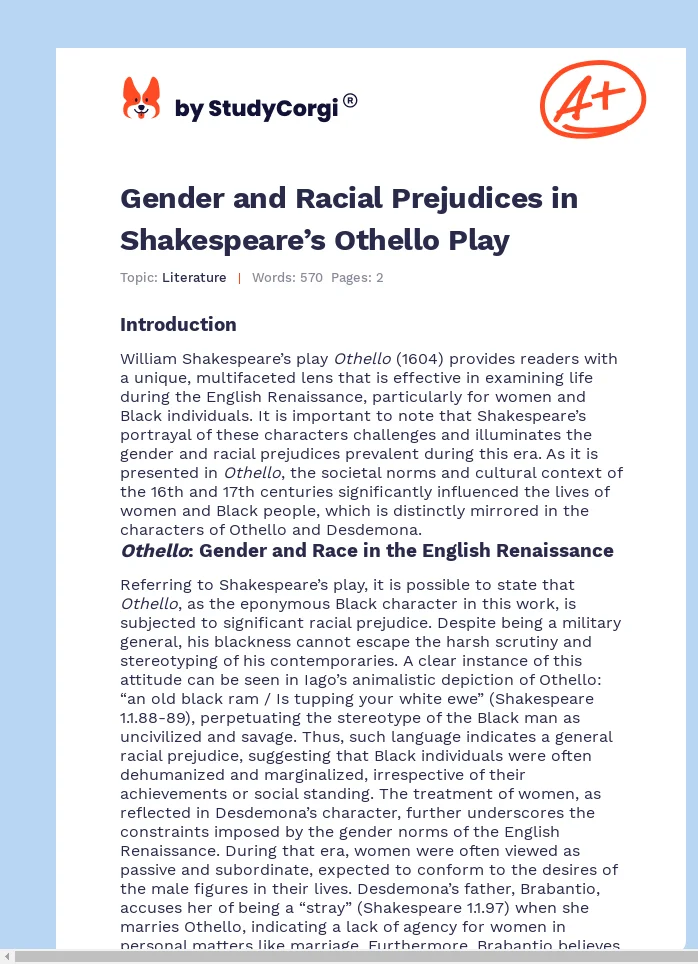 Gender and Racial Prejudices in Shakespeare’s Othello Play. Page 1