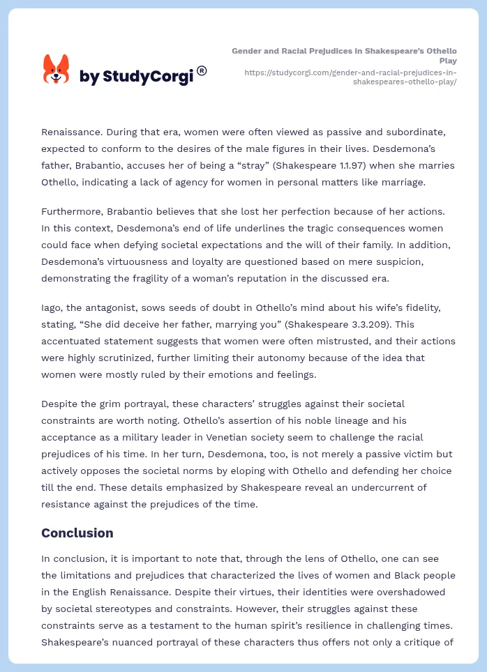 Gender and Racial Prejudices in Shakespeare’s Othello Play. Page 2
