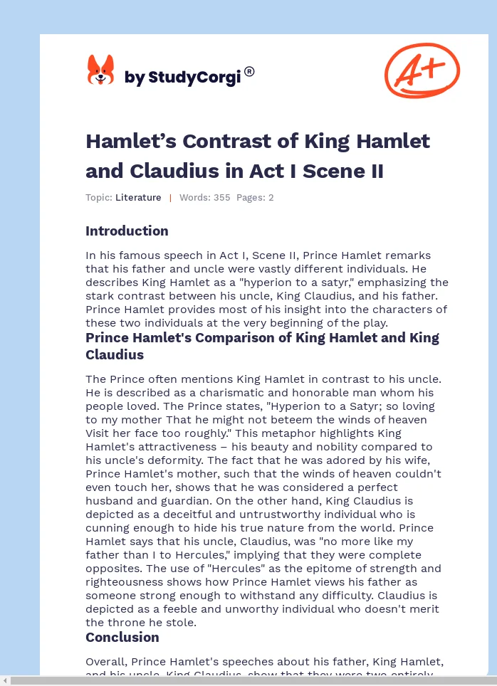 Hamlet’s Contrast of King Hamlet and Claudius in Act I Scene II. Page 1