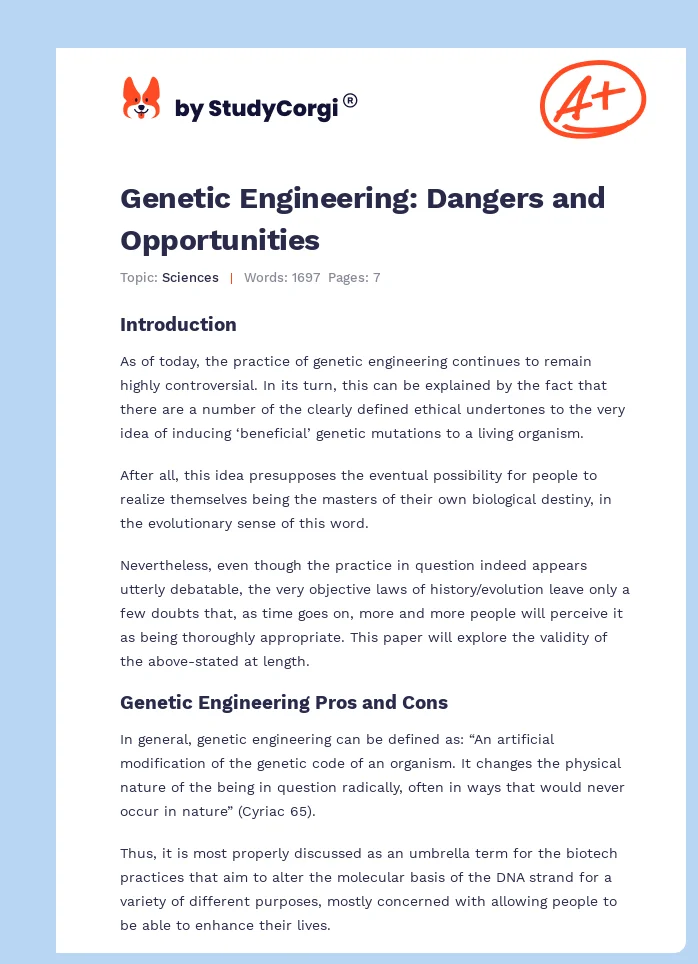 Genetic Engineering: Dangers and Opportunities. Page 1