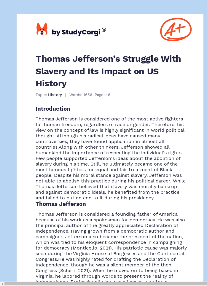 Thomas Jefferson’s Struggle With Slavery and Its Impact on US History. Page 1