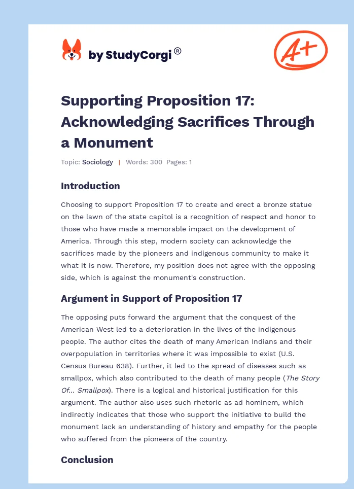 Supporting Proposition 17: Acknowledging Sacrifices Through a Monument. Page 1
