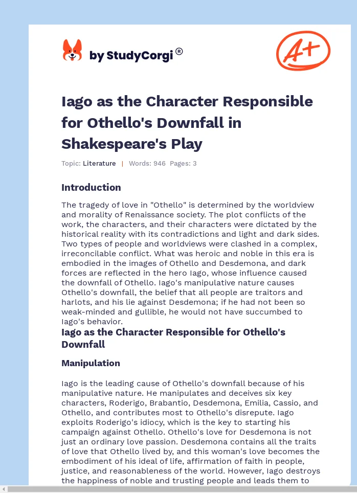 Iago as the Character Responsible for Othello's Downfall in Shakespeare's Play. Page 1