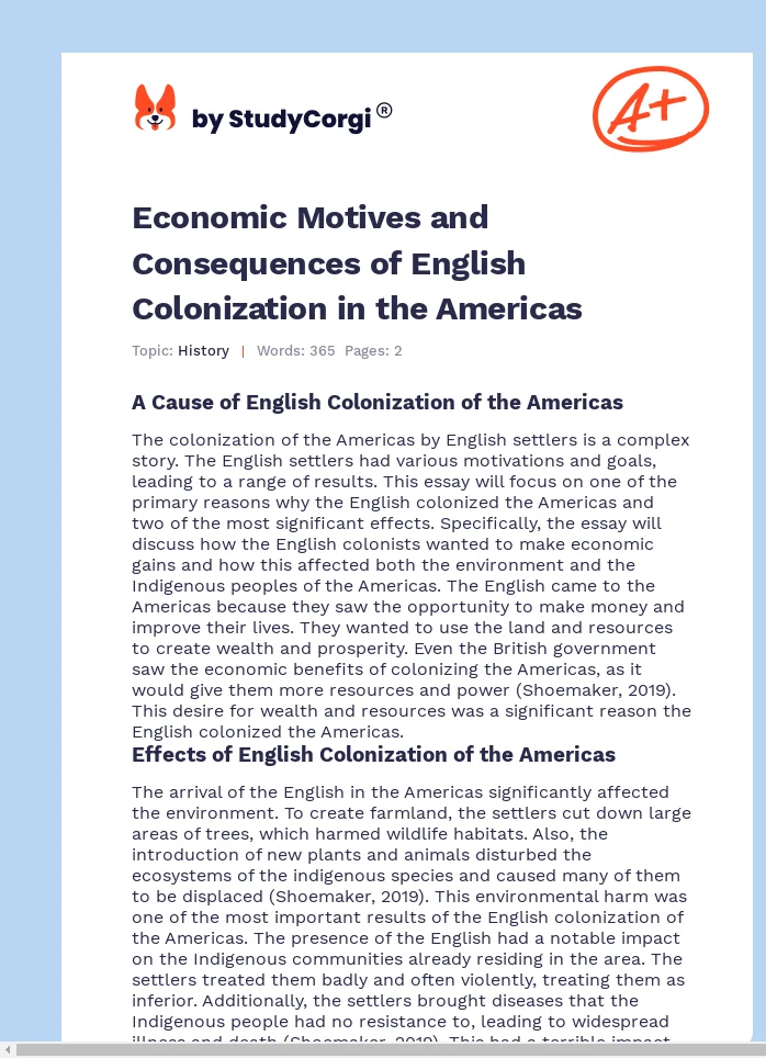 Economic Motives and Consequences of English Colonization in the Americas. Page 1