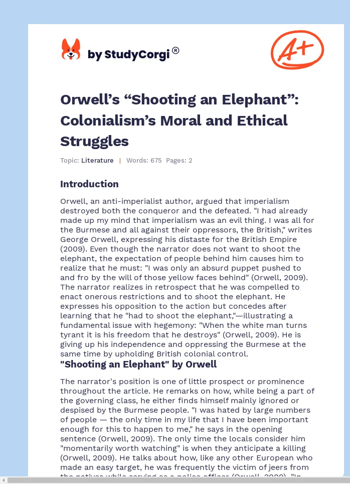 Orwell’s “Shooting an Elephant”: Colonialism’s Moral and Ethical Struggles. Page 1