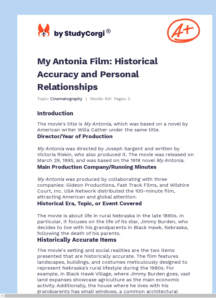 My Antonia Film: Historical Accuracy and Personal Relationships. Page 1
