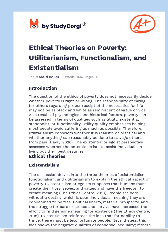 Ethical Theories on Poverty: Utilitarianism, Functionalism, and Existentialism. Page 1